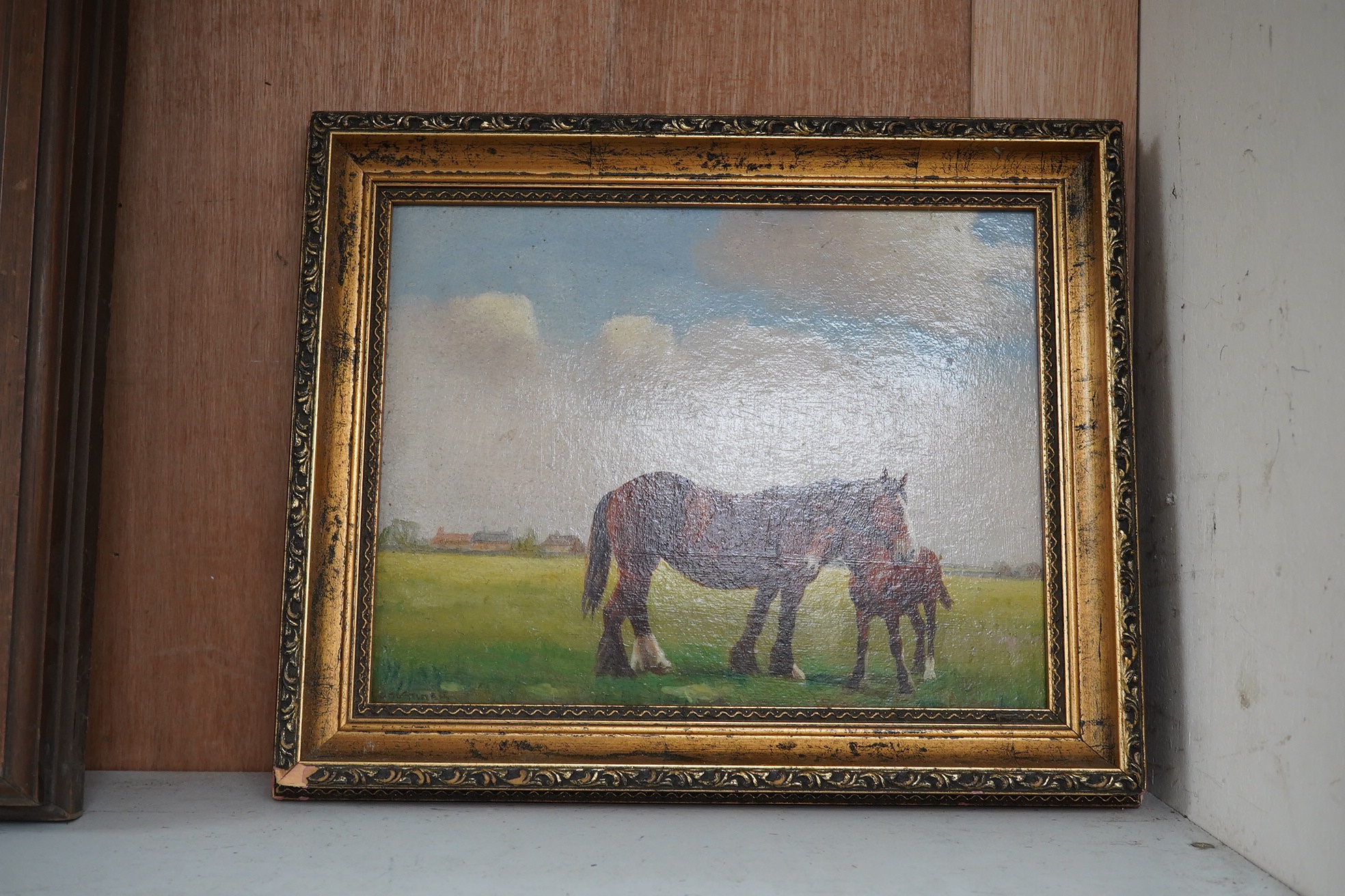 B. Mortimer, oil on canvas board, Study of a horse and foal, together with a similar naive oil on board, shire horse and farmer, one signed, largest 23 x 29cm. Condition - fair